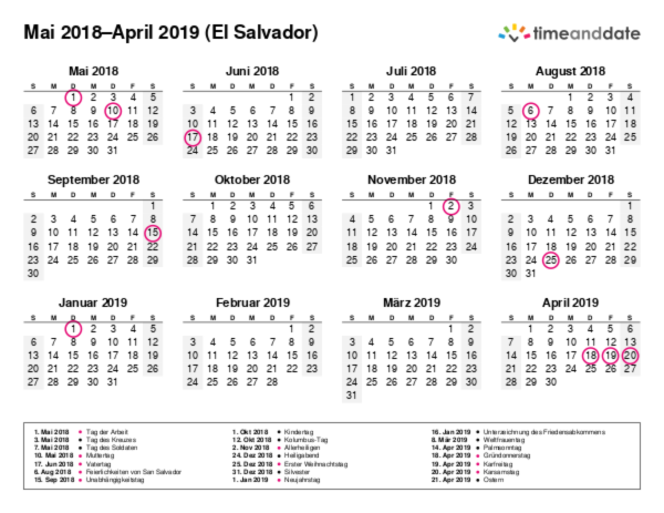 Kalender für 2018 in El Salvador