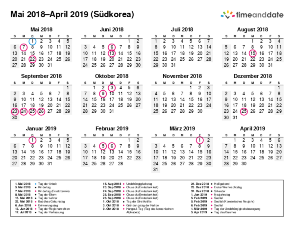 Kalender für 2018 in Südkorea