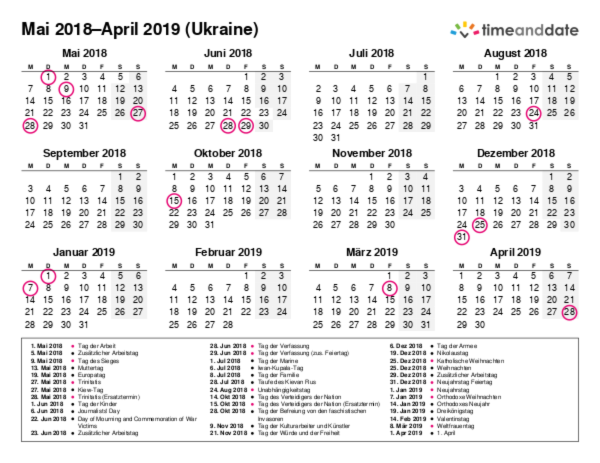 Kalender für 2018 in Ukraine