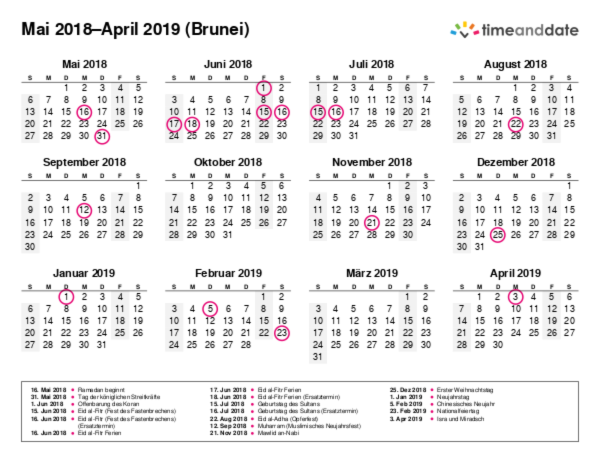 Kalender für 2018 in Brunei
