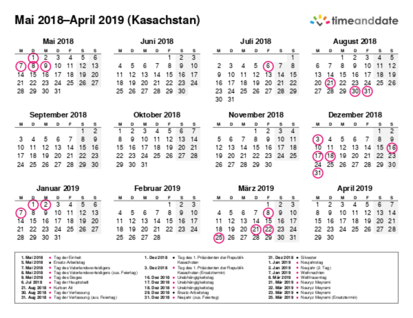 Kalender für 2018 in Kasachstan