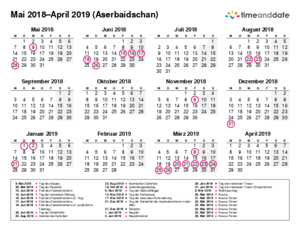 Kalender für 2018 in Aserbaidschan