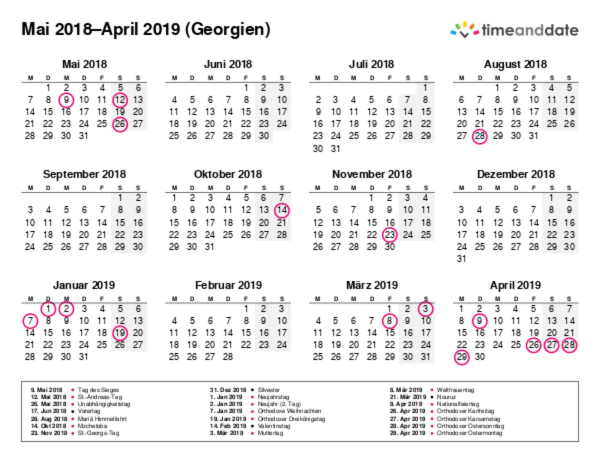 Kalender für 2018 in Georgien