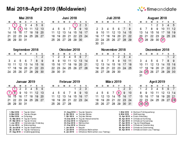 Kalender für 2018 in Moldawien