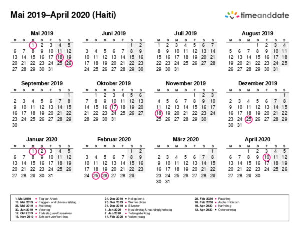 Kalender für 2019 in Haiti