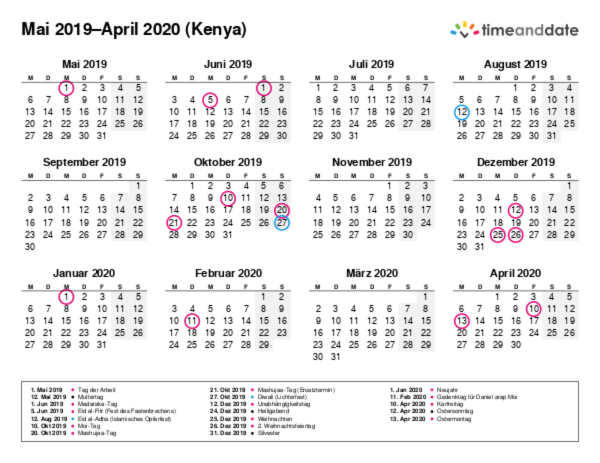 Kalender für 2019 in Kenya
