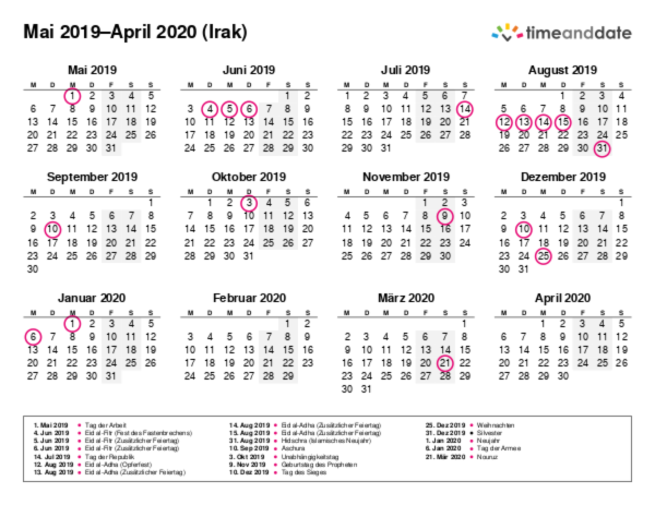 Kalender für 2019 in Irak