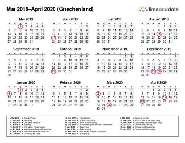Kalender für 2019 in Griechenland