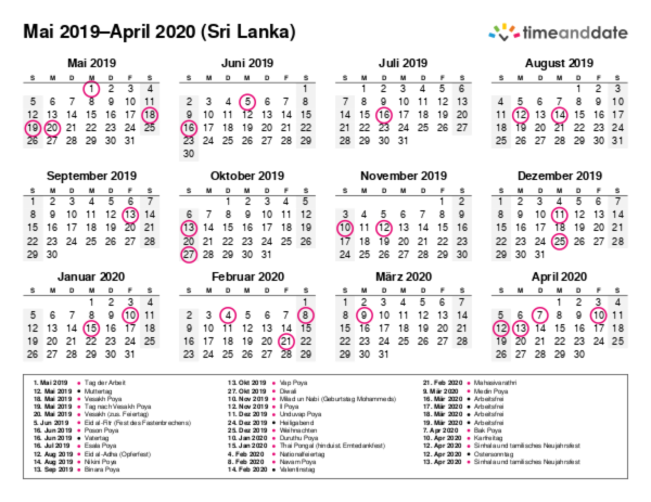 Kalender für 2019 in Sri Lanka