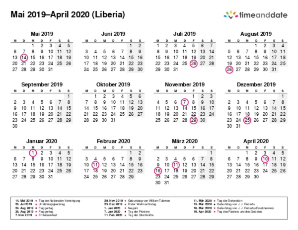 Kalender für 2019 in Liberia