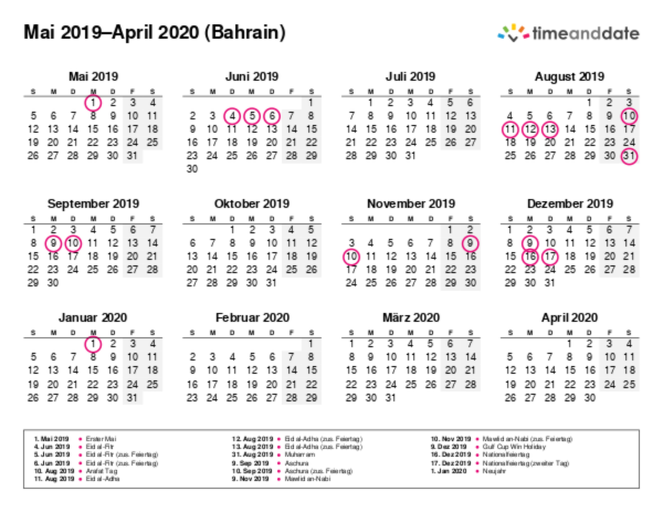 Kalender für 2019 in Bahrain