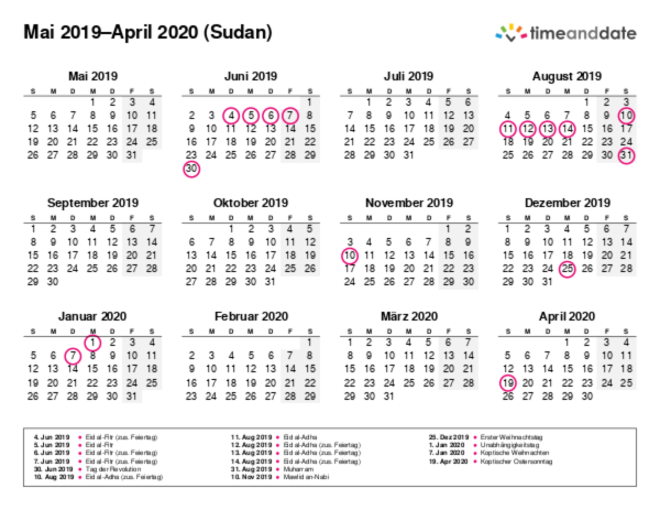 Kalender für 2019 in Sudan