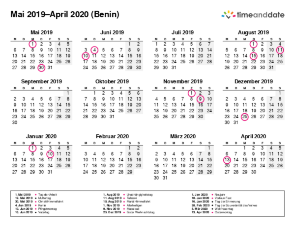 Kalender für 2019 in Benin