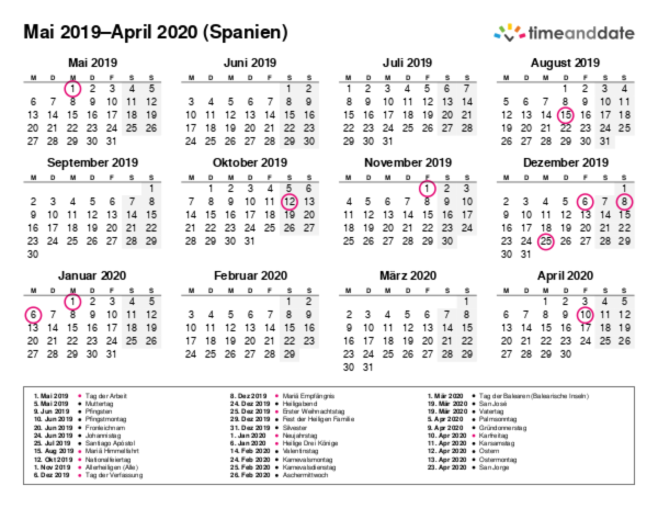 Kalender für 2019 in Spanien