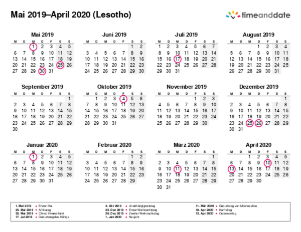 Kalender für 2019 in Lesotho