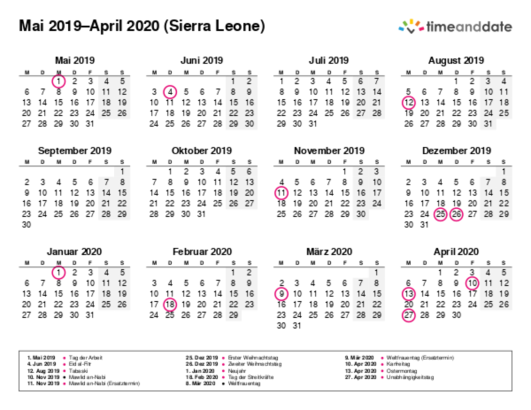 Kalender für 2019 in Sierra Leone
