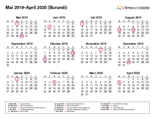 Kalender für 2019 in Burundi