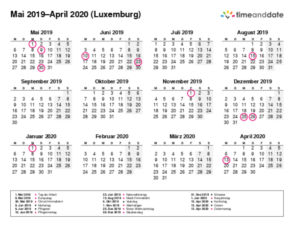 Kalender für 2019 in Luxemburg