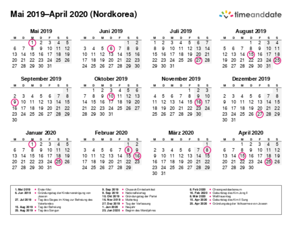 Kalender für 2019 in Nordkorea