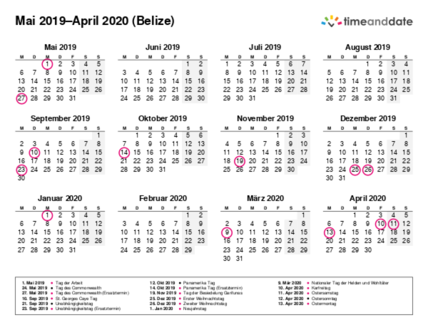 Kalender für 2019 in Belize