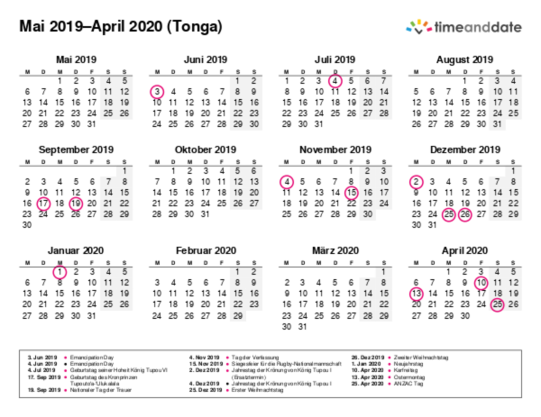 Kalender für 2019 in Tonga
