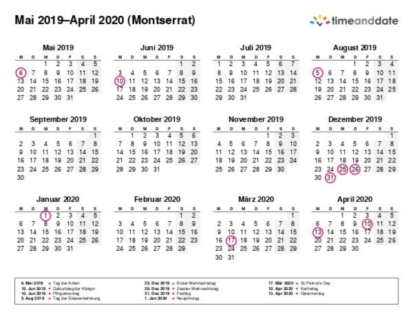 Kalender für 2019 in Montserrat