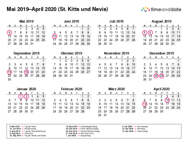 Kalender für 2019 in St. Kitts und Nevis