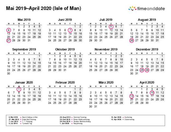 Kalender für 2019 in Isle of Man