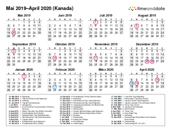 Kalender für 2019 in Kanada
