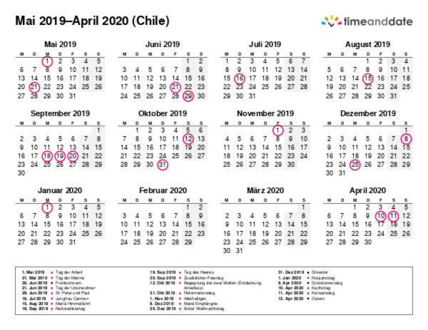 Kalender für 2019 in Chile