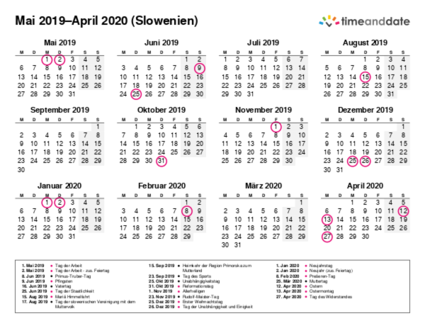 Kalender für 2019 in Slowenien