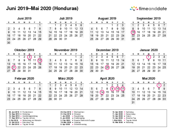 Kalender für 2019 in Honduras