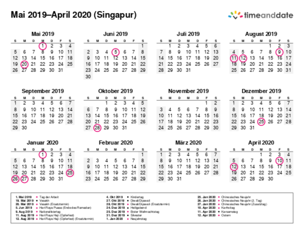 Kalender für 2019 in Singapur