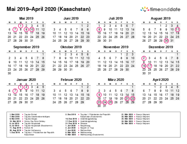 Kalender für 2019 in Kasachstan
