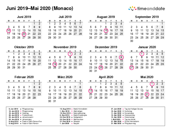 Kalender für 2019 in Monaco
