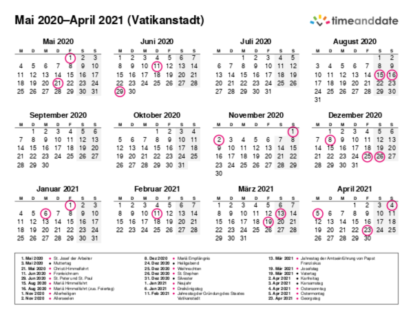 Kalender für 2020 in Vatikanstadt