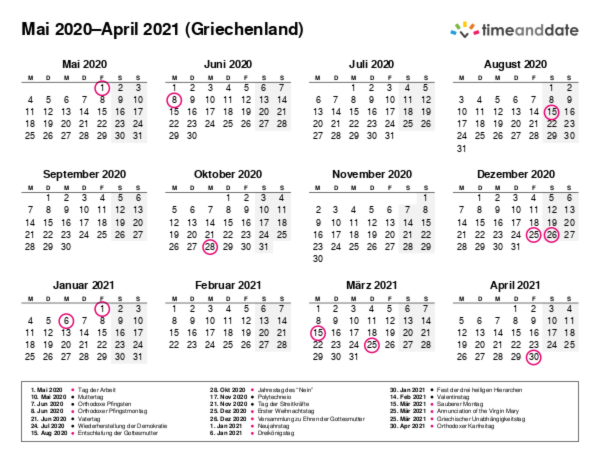 Kalender für 2020 in Griechenland