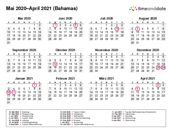 Kalender für 2020 in Bahamas