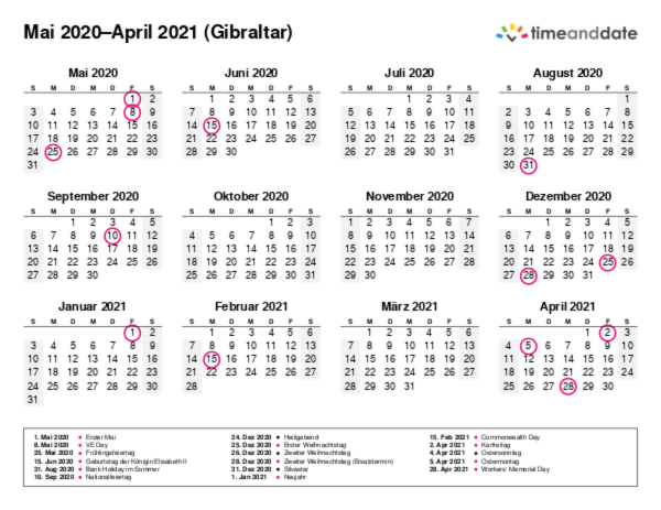 Kalender für 2020 in Gibraltar