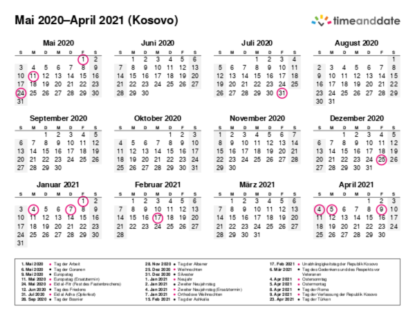 Kalender für 2020 in Kosovo