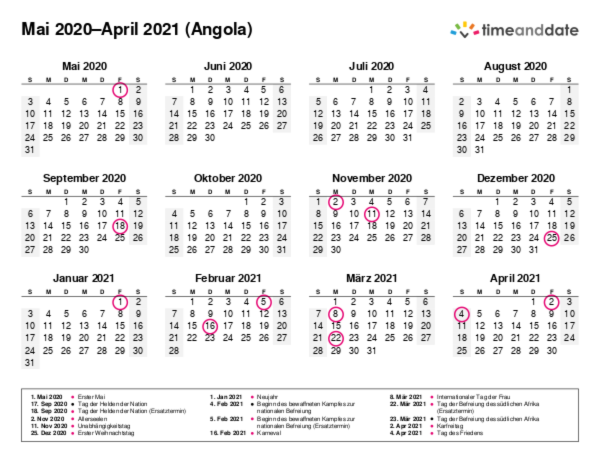 Kalender für 2020 in Angola