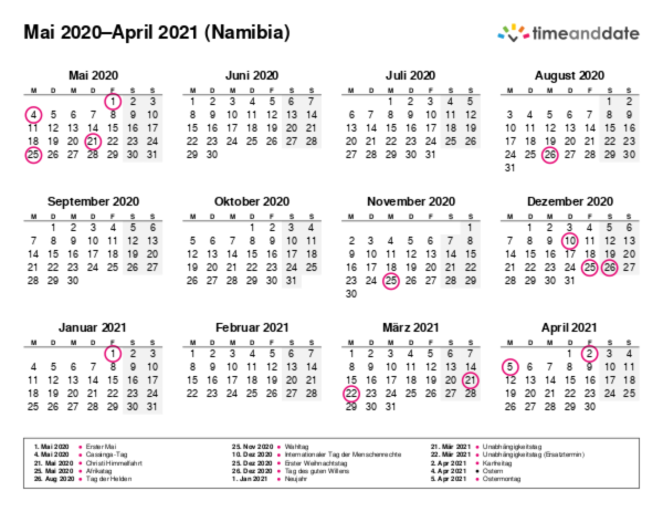 Kalender für 2020 in Namibia