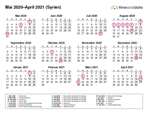 Kalender für 2020 in Syrien