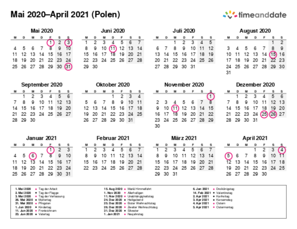 Kalender für 2020 in Polen