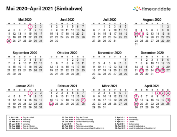 Kalender für 2020 in Simbabwe