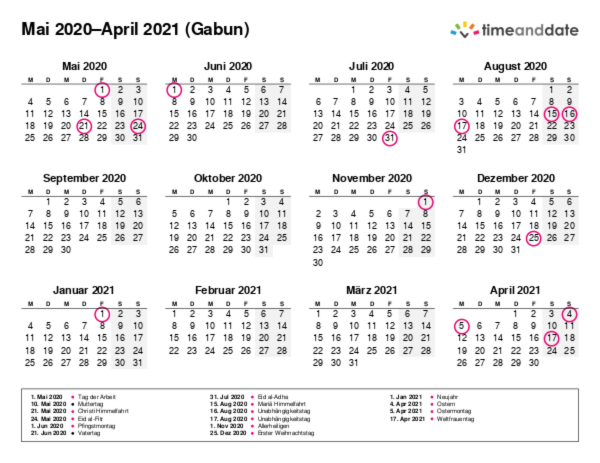 Kalender für 2020 in Gabun