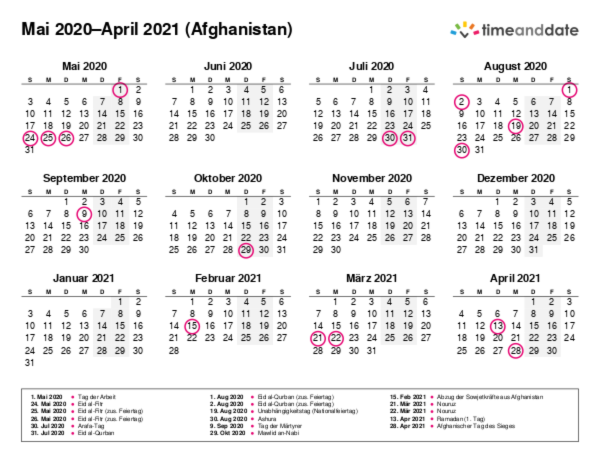 Kalender für 2020 in Afghanistan