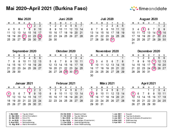 Kalender für 2020 in Burkina Faso