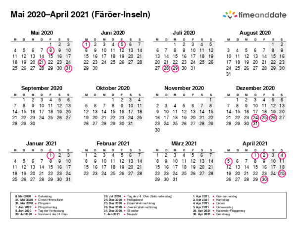 Kalender für 2020 in Färöer-Inseln