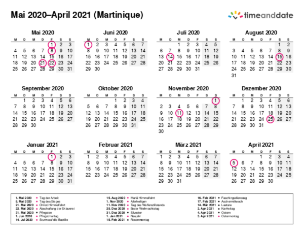 Kalender für 2020 in Martinique